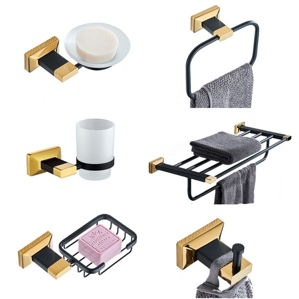 Bathroom Accessories Set Sollid Brass Toilet Brush Holder Black Gold Bathroom Hardware Pendant Towel Rack Wall Mounted Hooks LJ201209