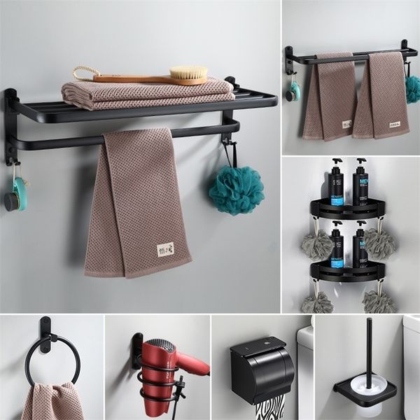 Bathroom Accessories: Shelf, Towel Rack, Paper Holder, Toilet Brush, Robe Hook - Space-Saving Aluminum Black Bath Hardware LJ201209