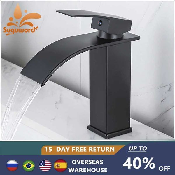 Bathroom Basin Faucet with Single Lever Waterfall Spout for Vanity Sink Mixing Hot and Cold Water
