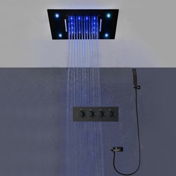 Bathroom Black Shower Set with Colorful LED Rainfall and Multi-Function Concealed Thermostatic Faucet Panel
