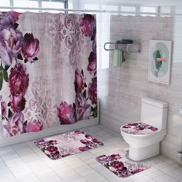 Bathroom Carpet Rug Set with Shower Curtain and Toilet Mat for Home Decor 201117