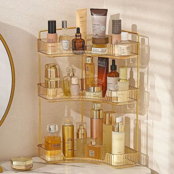 Bathroom corner shelf for organizing makeup, skincare, shampoo, and lipsticks on tabletops or desks