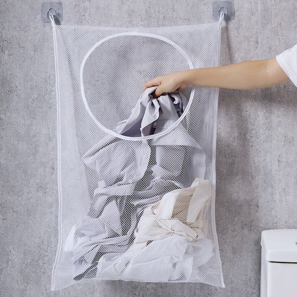 Bathroom hanging laundry basket with mesh design for breathability, includes 2 hooks for door space-saving storage