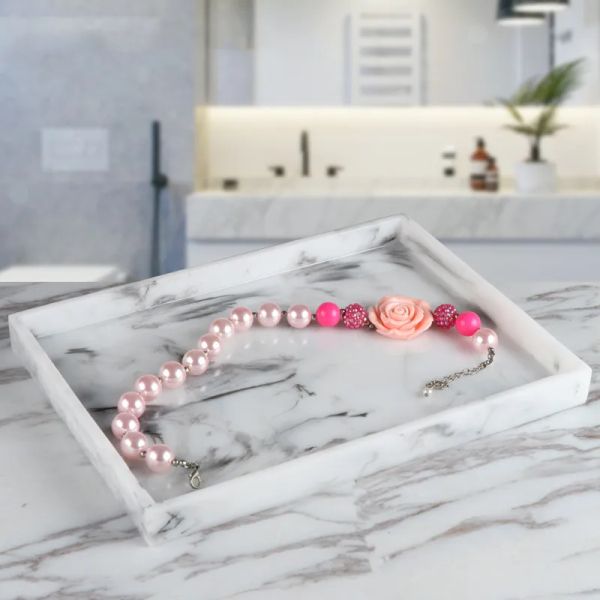 Bathroom organizer set with marble-style toothbrush holder, cup, and tray for toiletries storage
