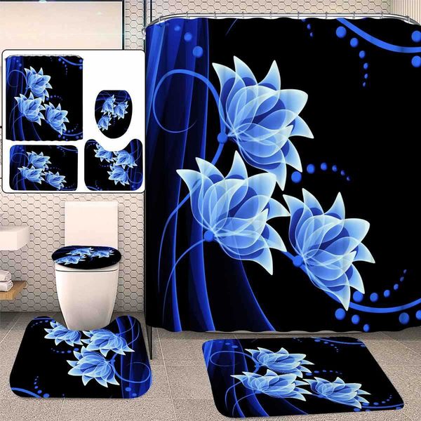 Bathroom shower curtain set with non-slip mat, waterproof toilet cover and seat accessories