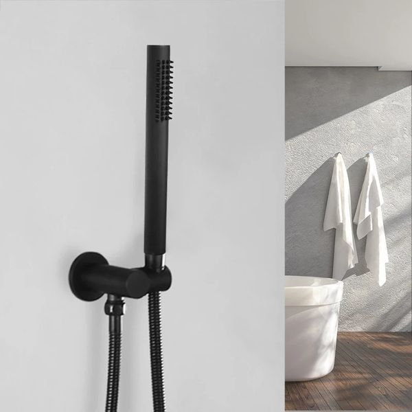 Bathroom shower set with black matte finish includes removable handheld rainfall spray, wall-mounted brass head, and hose holder