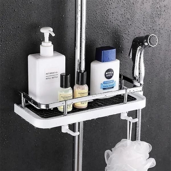 Bathroom shower shelf organizer with no-drill pole mount for single-tier storage