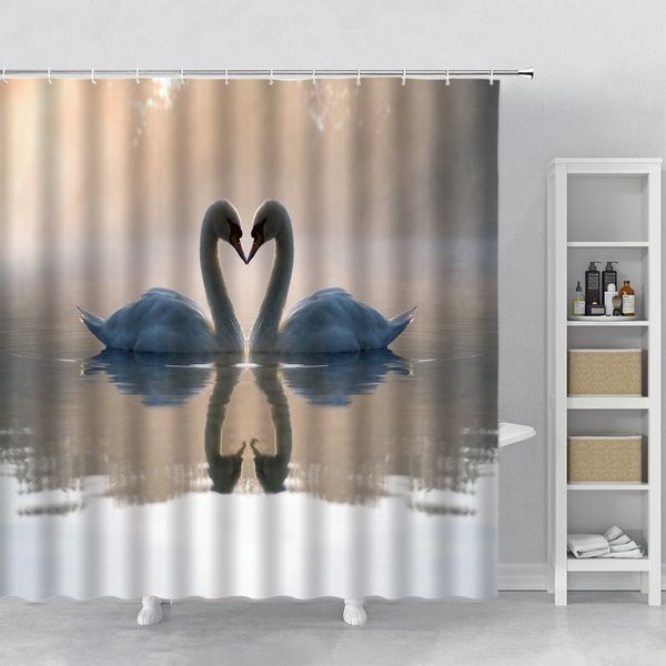 Beautiful shower curtain featuring a swan in a lake, with cute animal prints of cats, steeds, leopards, elephants, and scenic landscapes for bathroom decor