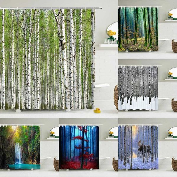 Birch forest landscape shower curtain made of waterproof fabric, featuring natural scenery for bathrooms with 12 hooks