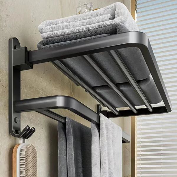 Black adhesive bathroom towel rack with hooks, wall-mounted aluminum alloy shelf