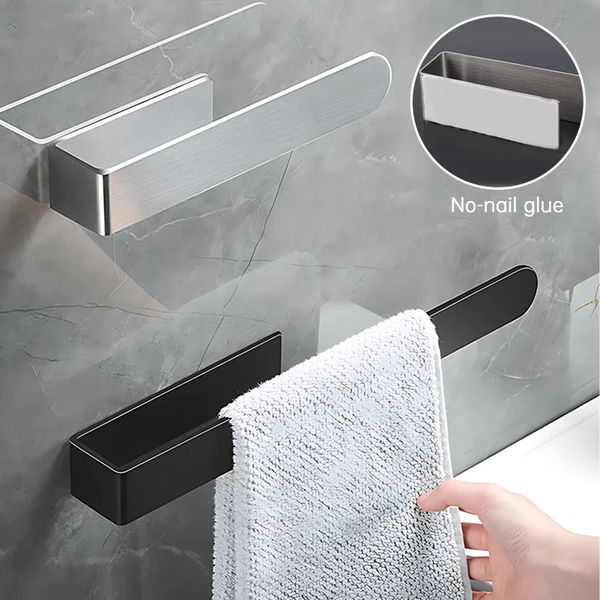 Black adhesive stainless steel towel rack for bathroom, non-stamped design