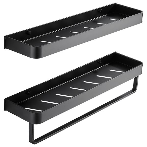 Black aluminum corner shelf for bathroom with towel bar, hooks, and space for shampoo storage