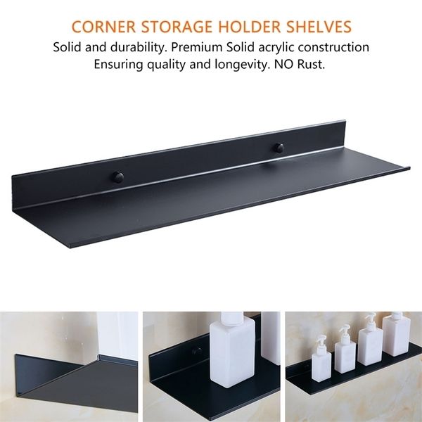 Black aluminum wall shelf for bathroom or kitchen storage, 30-50cm length shower rack