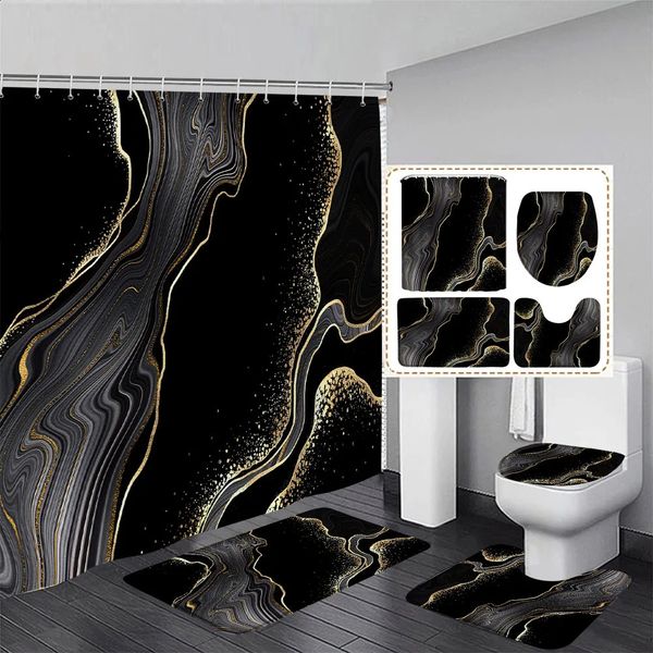 Black and gold abstract marble-pattern shower curtain set with matching anti-slip bath mat and toilet seat for modern bathroom decor