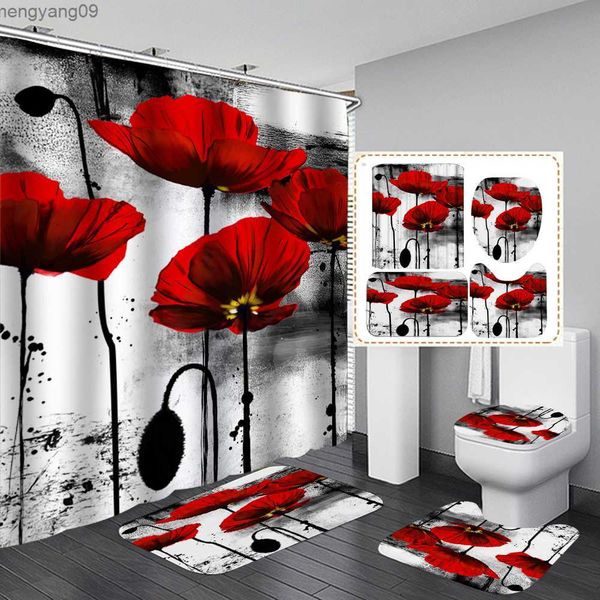 Black and red floral printed shower curtain set with anti-slip bath mat and lid cover for durable bathroom decor