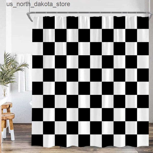 Black and white checkered shower curtains featuring stylish geometric patterns, Nordic minimalist design, and modern fabric with hooks for easy bathroom installation