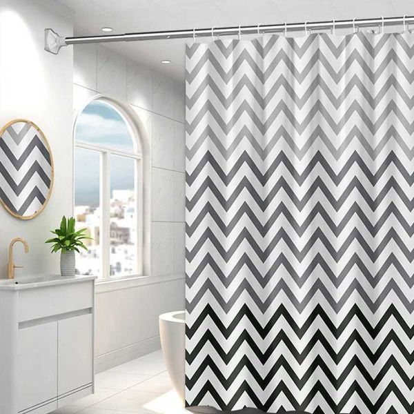 Black and white wavy mildew-resistant translucent PEVA shower curtain set with hooks for bathtub
