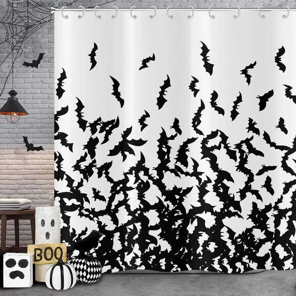 Black bat Halloween shower curtain featuring a horror pattern with ghost bats, includes hooks for bathroom decoration