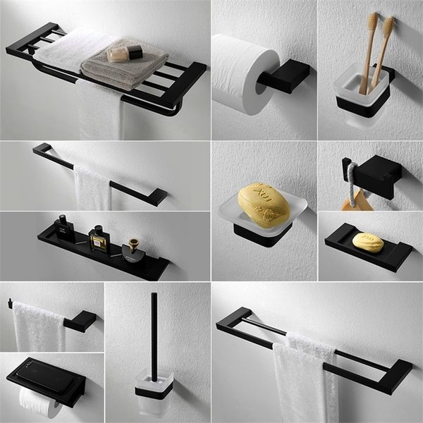 Black bathroom hardware set including paper holder, towel rack, soap dispenser, shelf, hooks, and toilet brush - LJ201209 model