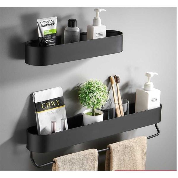 Black bathroom shelf in 30/40/50 cm sizes for kitchen wall storage with shower basket, towel bar, and robe hooks