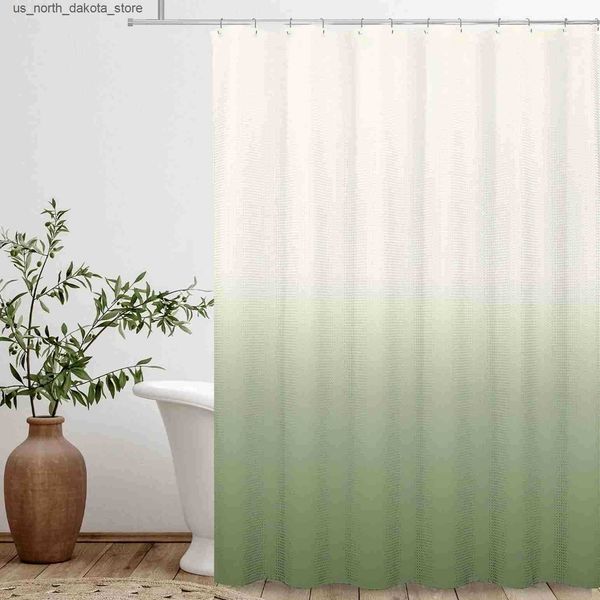 Black beige sage shower curtain in lime green textured fabric with a gradient design, waterproof bathroom set including hooks
