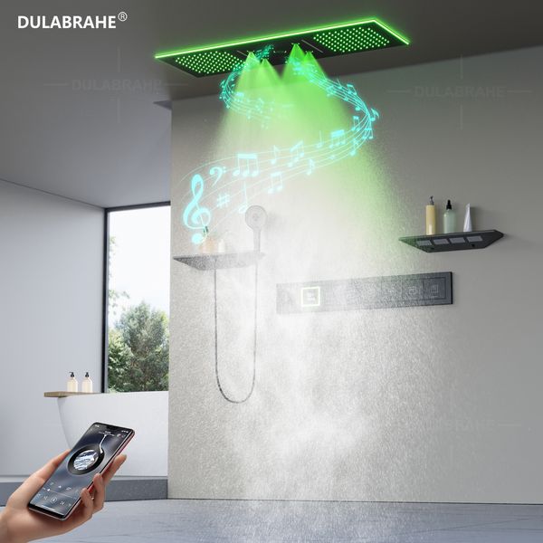 Black Built-in 36x12 Inch LED Music Shower with Digital Thermostat Display and Waterfall Massage Feature