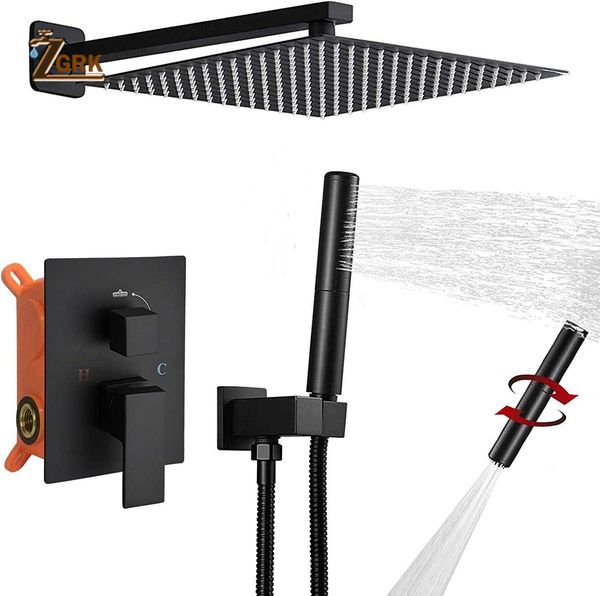 Black concealed shower set with 12-inch rainfall showerhead and rotating spout