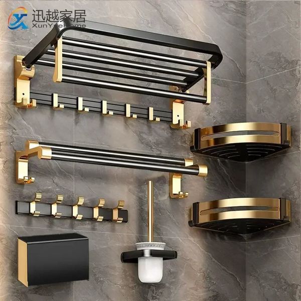 Black gold aluminum bathroom accessories hardware set towel bar railing paper bracket clothes hanger bathroom clothes hanger bathroom brush