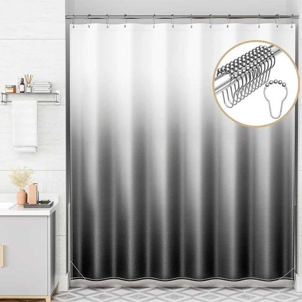 Black gradient shower curtain set with 12 rustic farmhouse bathroom curtains