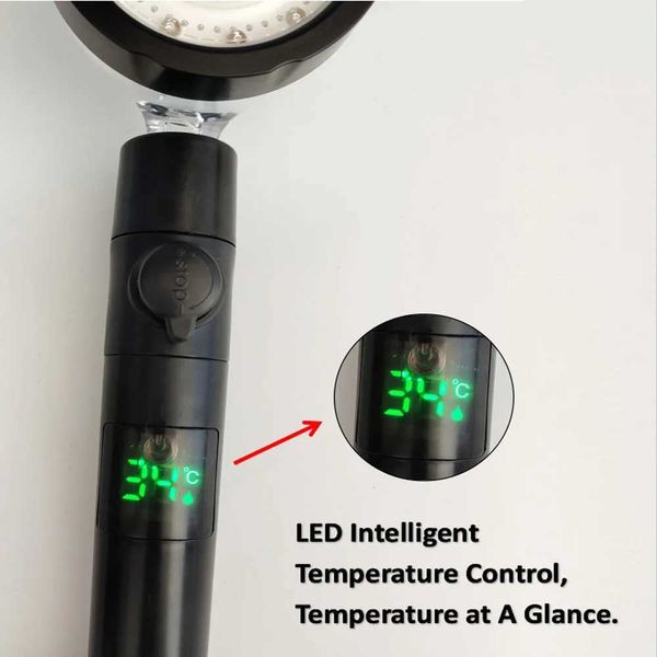 Black LED digital shower with temperature display, rainfall function, and high-pressure fan spray