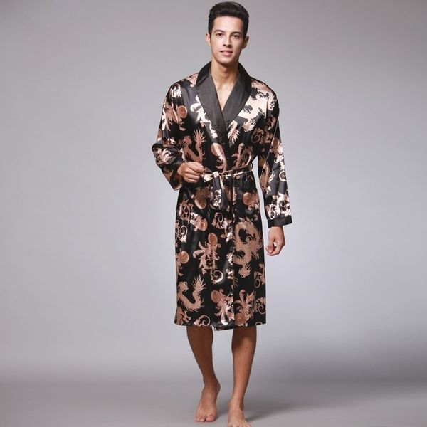 Black Satin Silk Dragon Kimono Robe for Men - Knee-Length Spring/Autumn Bathrobe
