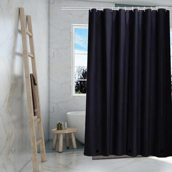 Black shower curtain with grommets, 72x72 inches, waterproof plastic and 3 magnetic weights