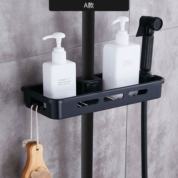 Black single-tier shower shelf organizer with pole mount and showerhead holder