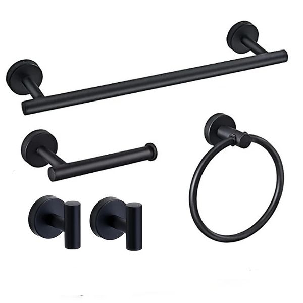 Black stainless steel bathroom hardware set with towel rack, toilet paper holder, hook, and shelf organizer