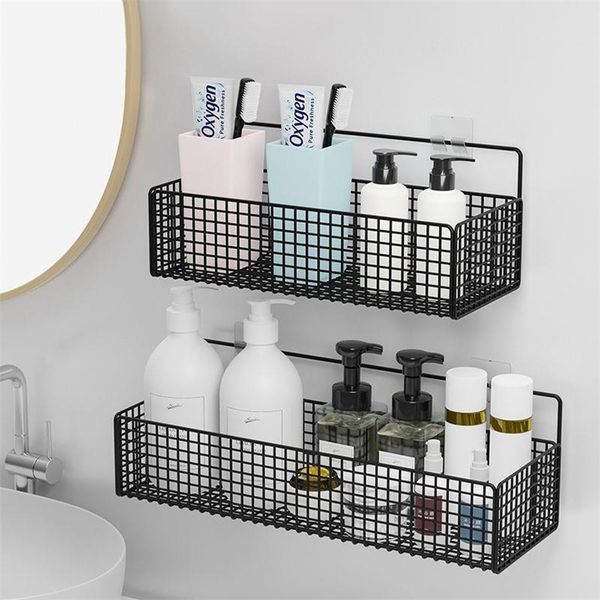 Black wall-mounted bathroom shelf for shower shampoo storage and toilet accessories, also suitable as a kitchen condiment basket without drilling
