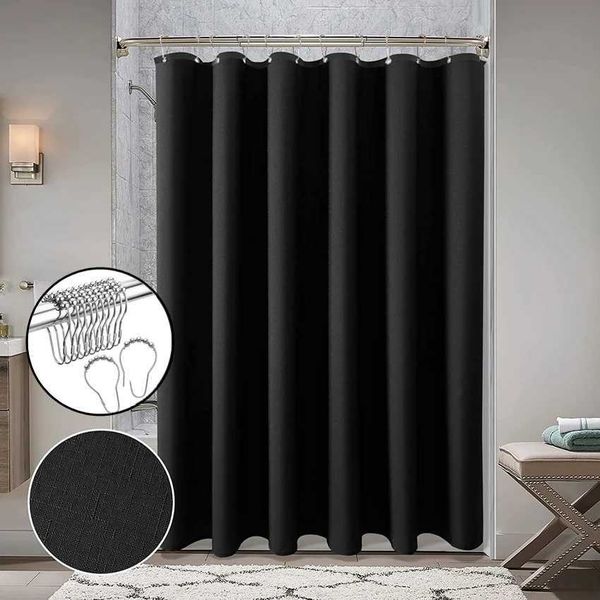 Black waterproof shower curtain featuring silver metal hooks, thick white fabric, extra-large size for bathtub coverage