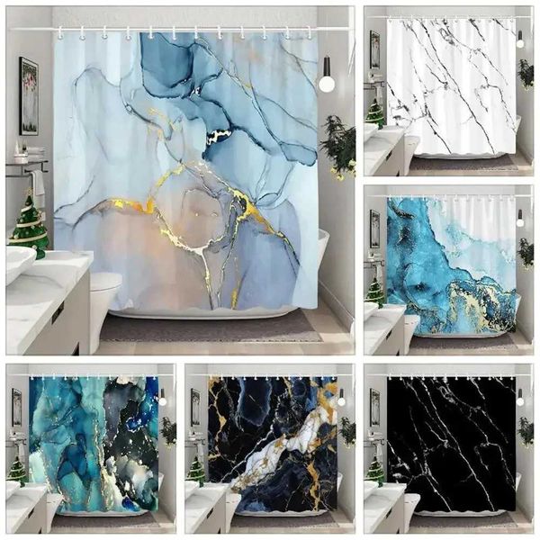Blue and gold textured marble-pattern polyester shower curtain, washable for bathroom decor