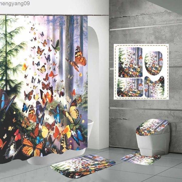 Blue butterfly polyester shower curtain with matching non-slip bathroom rug set for kitchen and bath