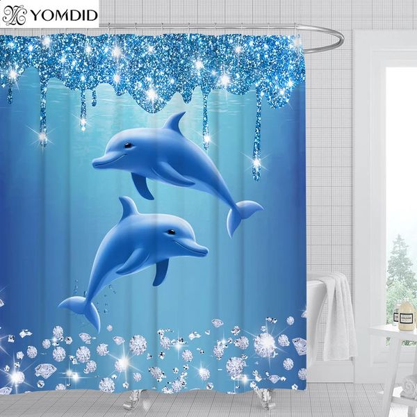Blue decorative shower curtain set with diamond dolphin print and hooks