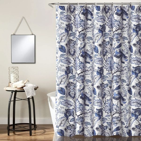 Blue floral garden shower curtain fabric in elegant navy for stylish bathroom decor