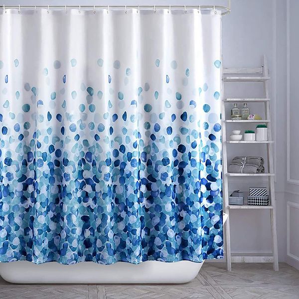 Blue floral shower curtains with waterproof polyester fabric for bathroom, featuring rose leaves design, includes hooks for home decor