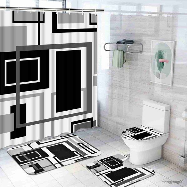 Blue geometric shower curtain set with matching non-slip rug, black and gray bathroom decor, waterproof design R23083