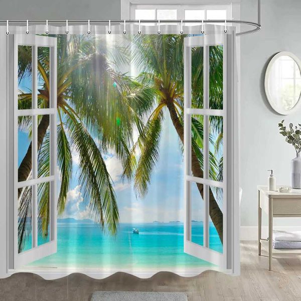Blue Ocean Shower Curtain featuring tropical beach scenery with coconut trees, sailboats, birds, and sea waves for bathroom decor