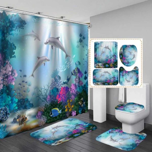 Blue Ocean Underwater World Cute Dolphin 3D Printed Waterproof Shower Curtain Set with Matching Bath Mat and Toilet Cover for Bathroom Decor