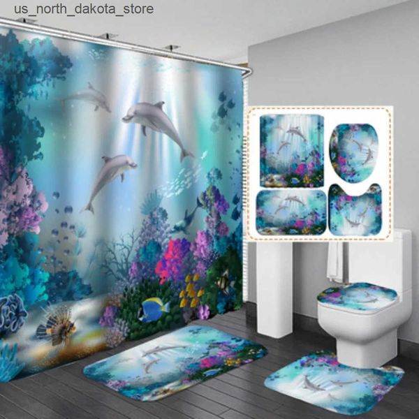 Blue ocean-themed waterproof shower curtain featuring a 3D dolphin print, complete with matching bathroom mat and toilet lid cover set