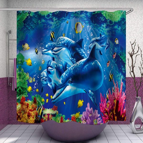 Blue underwater-themed shower curtain featuring marine life, made of polyester, with 12 hooks for kids' bathroom decor