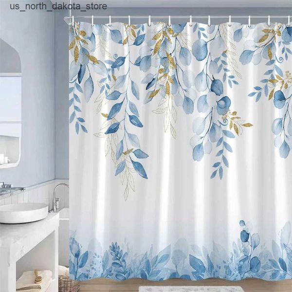 Blue watercolor shower curtain with eucalyptus leaf design, modern and simple fabric bathroom decor with hooks J241205