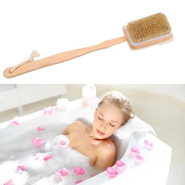 Body back cleansing brush with keratin removal, dual-sided shower massage towel, wooden handle bathtub accessory Y250114