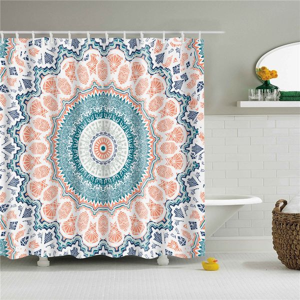 Bohemian geometric shower curtain featuring blue sky and moon design, made of waterproof polyester fabric with 12 hooks for bathroom use