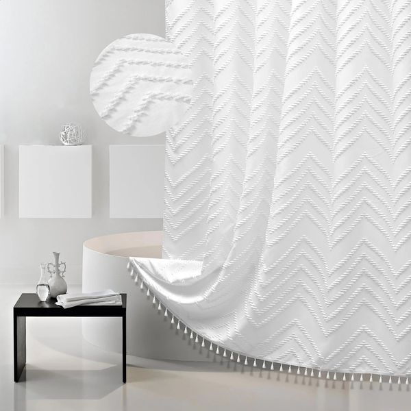 Bohemian shower curtain featuring tassel trim, woven waterproof fabric with hooks for modern bathroom decor